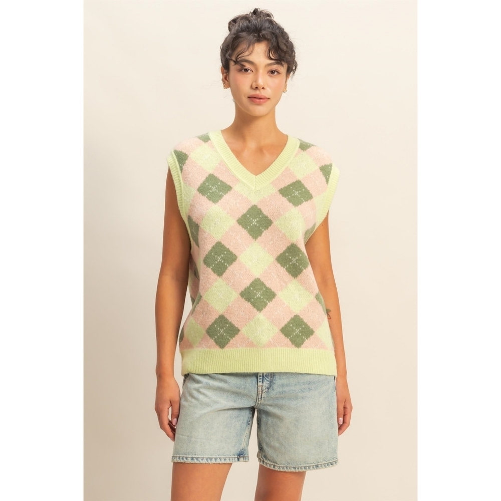 Pastel Argyle Sweater Vest - Pink and Green